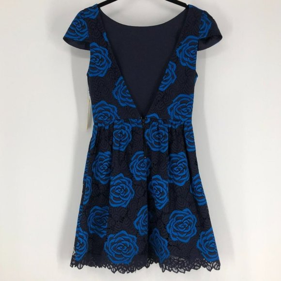 Alice + Olivia NWT Black Blue Nelly rose print mini dress open back size 0 - Picture 2 of 16